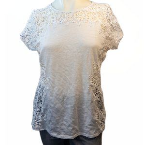 Sundance Womens Size Medium Top White Crochet Crew Neck Short Sleeve Sheer Shirt